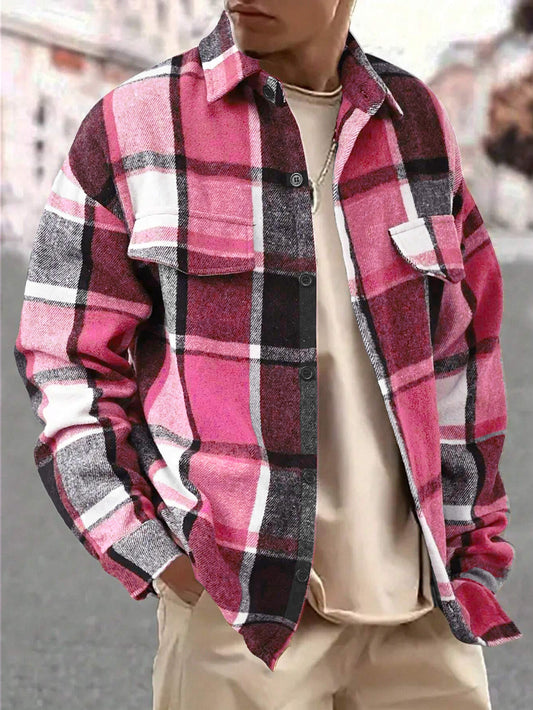 Men's Casual Loose-Fit Plaid Shirt,Vintage Style Long Sleeve Button Front Top