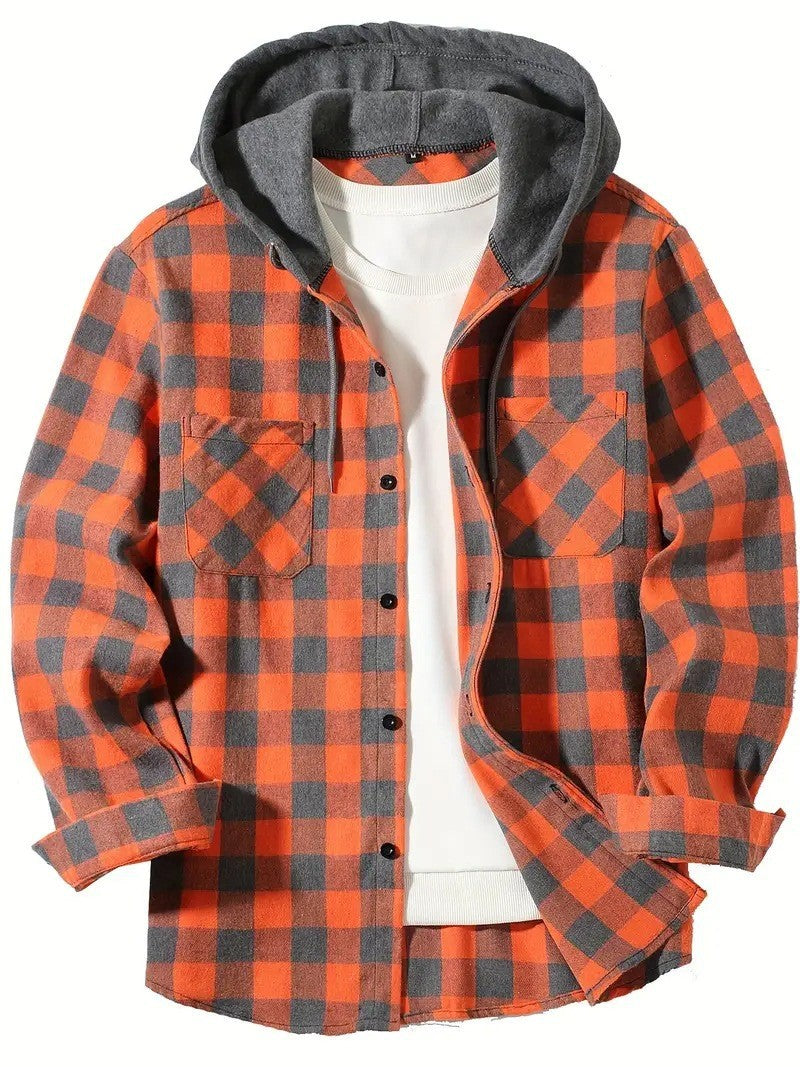 Plaid Patchwork Button Front Hooded Jacket