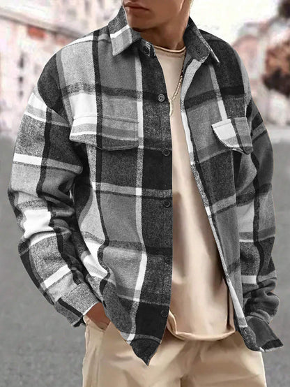 Men's Casual Loose-Fit Plaid Shirt,Vintage Style Long Sleeve Button Front Top