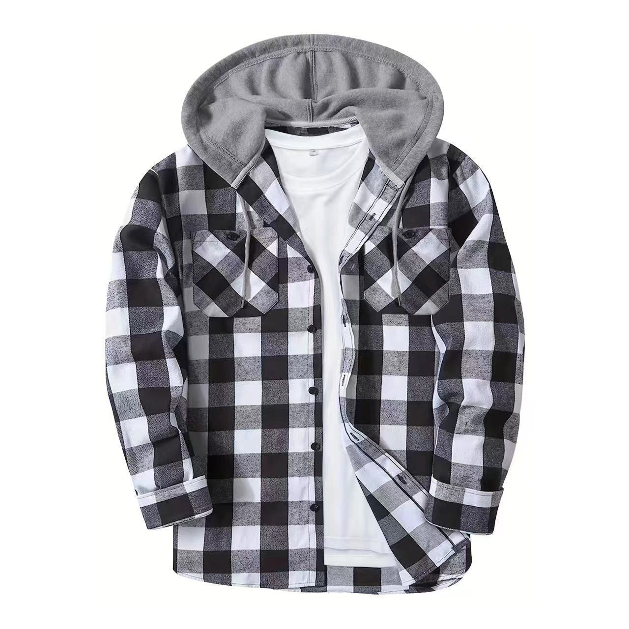 Plaid Patchwork Button Front Hooded Jacket