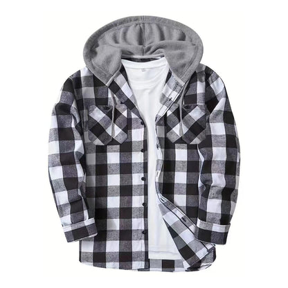 Plaid Patchwork Button Front Hooded Jacket