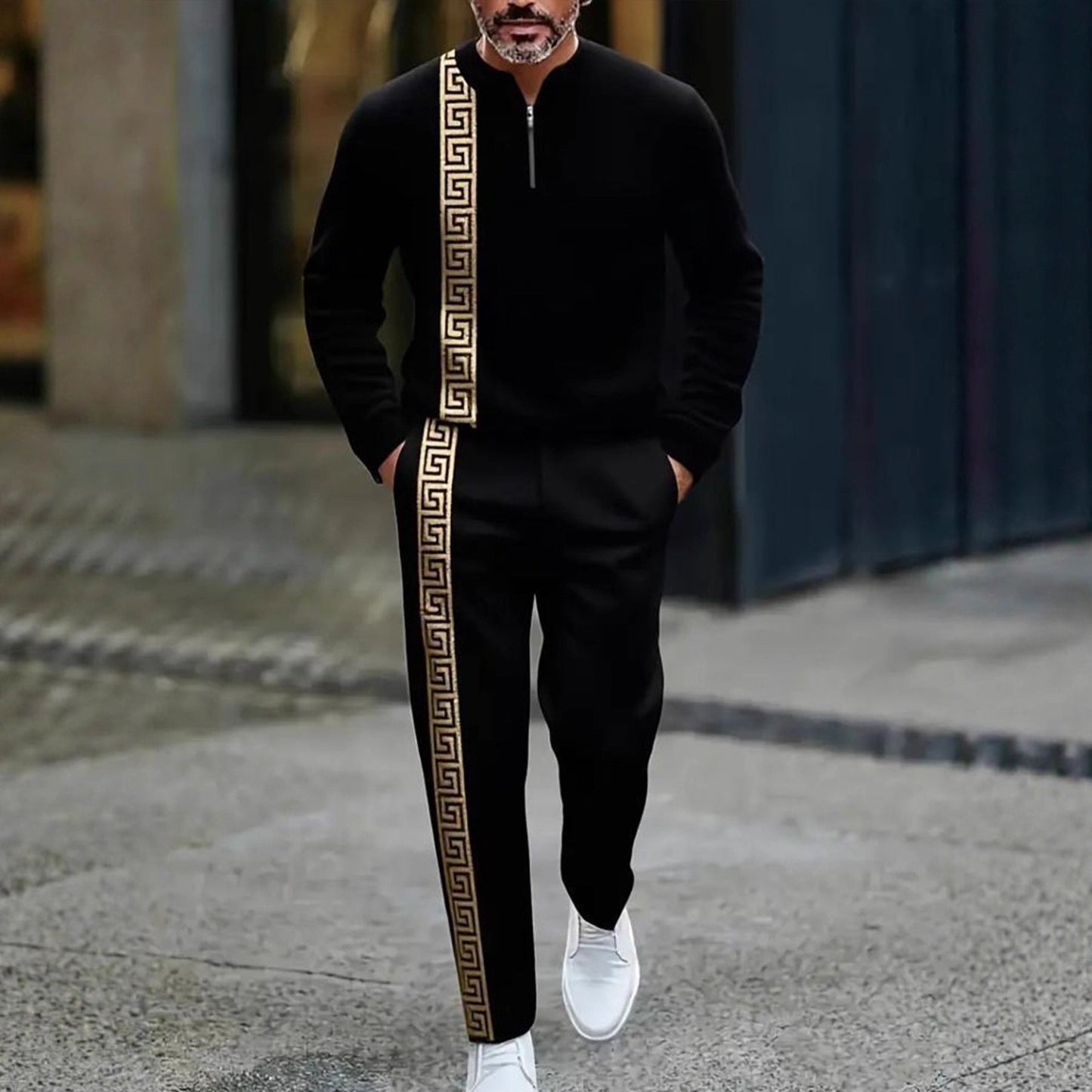 KZZ Men's fashion casual zipper stand up collar long sleeved pants set