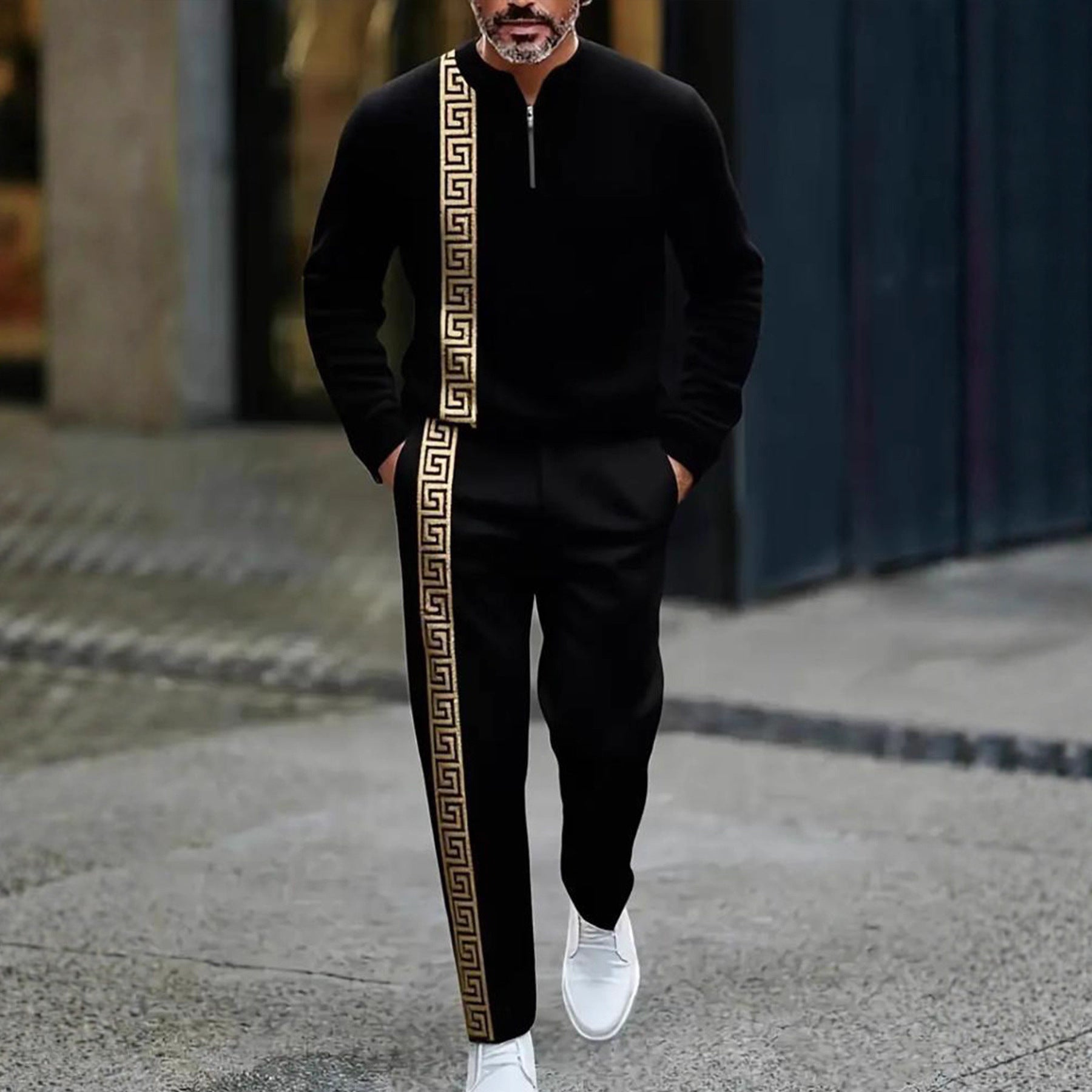 KZZ Men's fashion casual zipper stand up collar long sleeved pants set