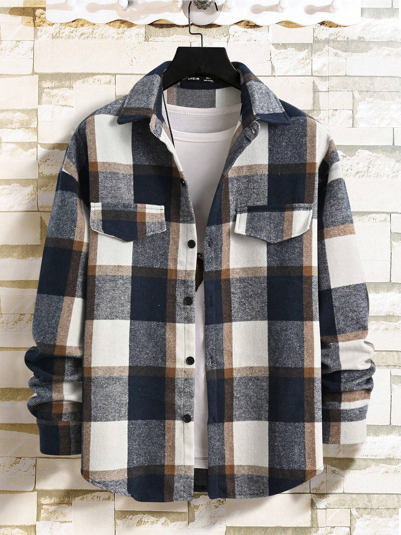KZZ Men's Casual Loose-Fit Plaid Shirt,Vintage Style Long Sleeve Button Front Top