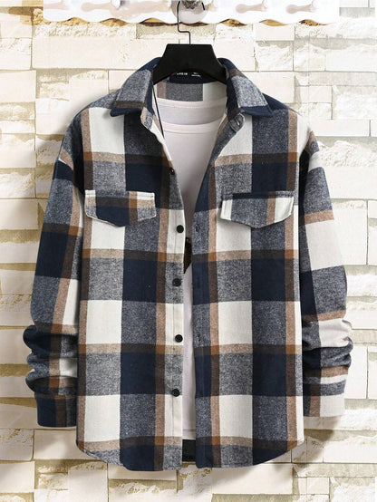 Men's Casual Loose-Fit Plaid Shirt,Vintage Style Long Sleeve Button Front Top
