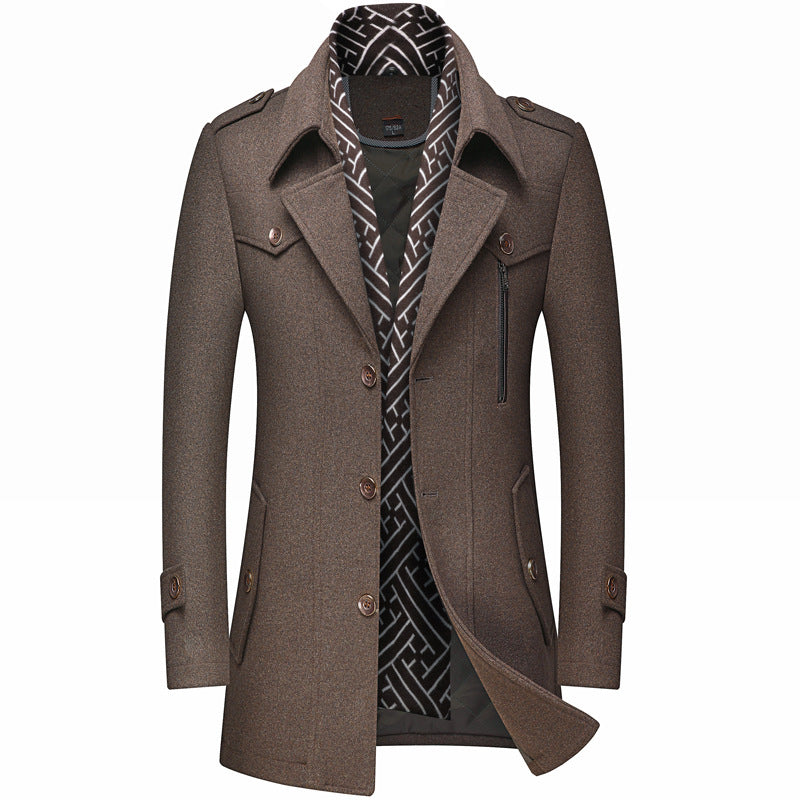 GGT Men's Trench Coat with Detachable Soft Scarf Notched Collar Single Breasted Pea Coat Overcoat