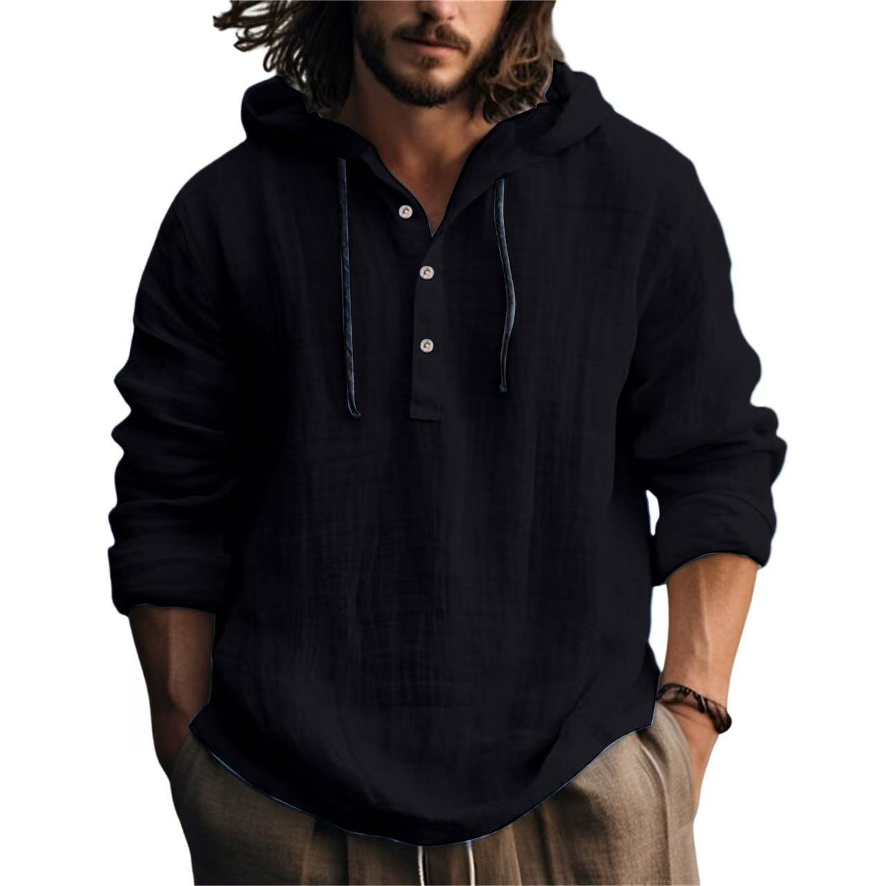 Men's Casual Long Sleeve Hooded Linen Shirt