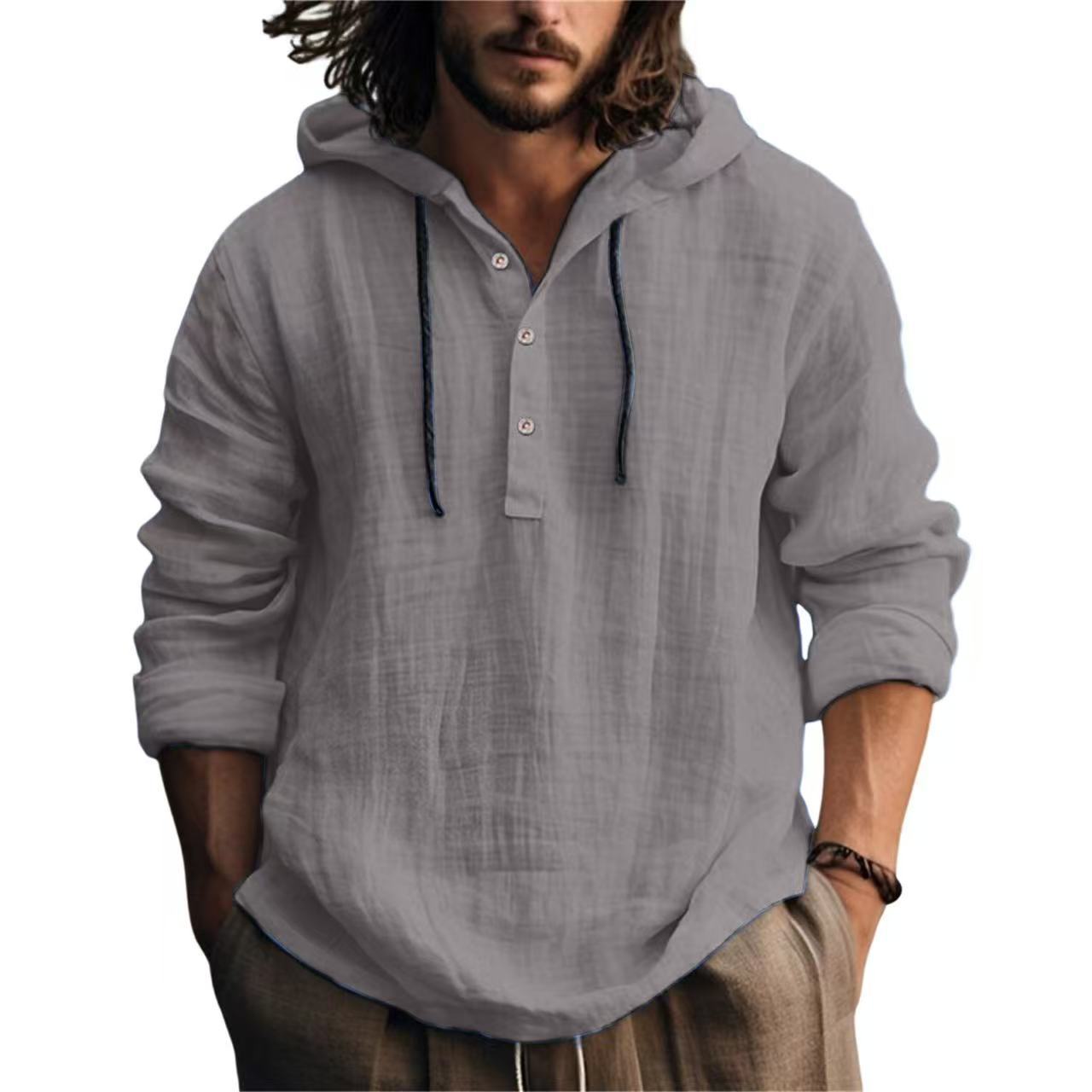 Men's Casual Long Sleeve Hooded Linen Shirt