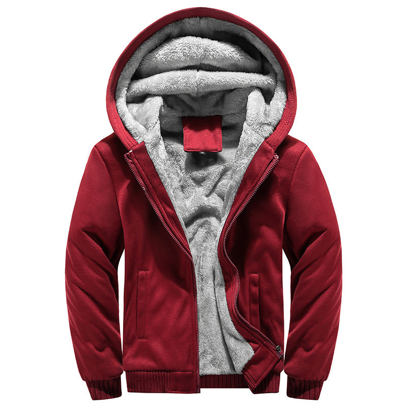 GGT Thickened Fleece Solid Color Hooded Cardigan - Men's Winter Sweatshirt Jacket