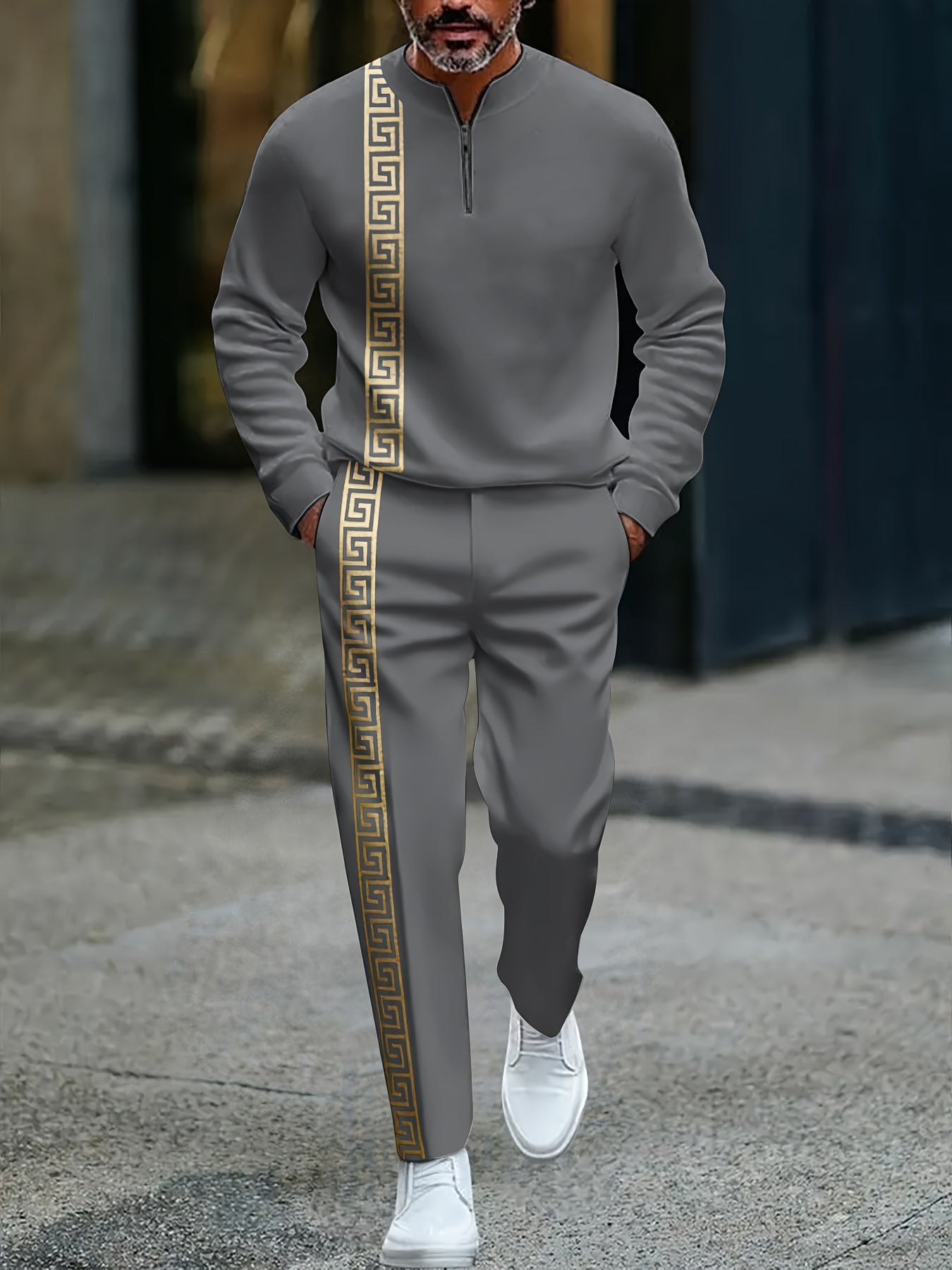 KZZ Men's fashion casual zipper stand up collar long sleeved pants set