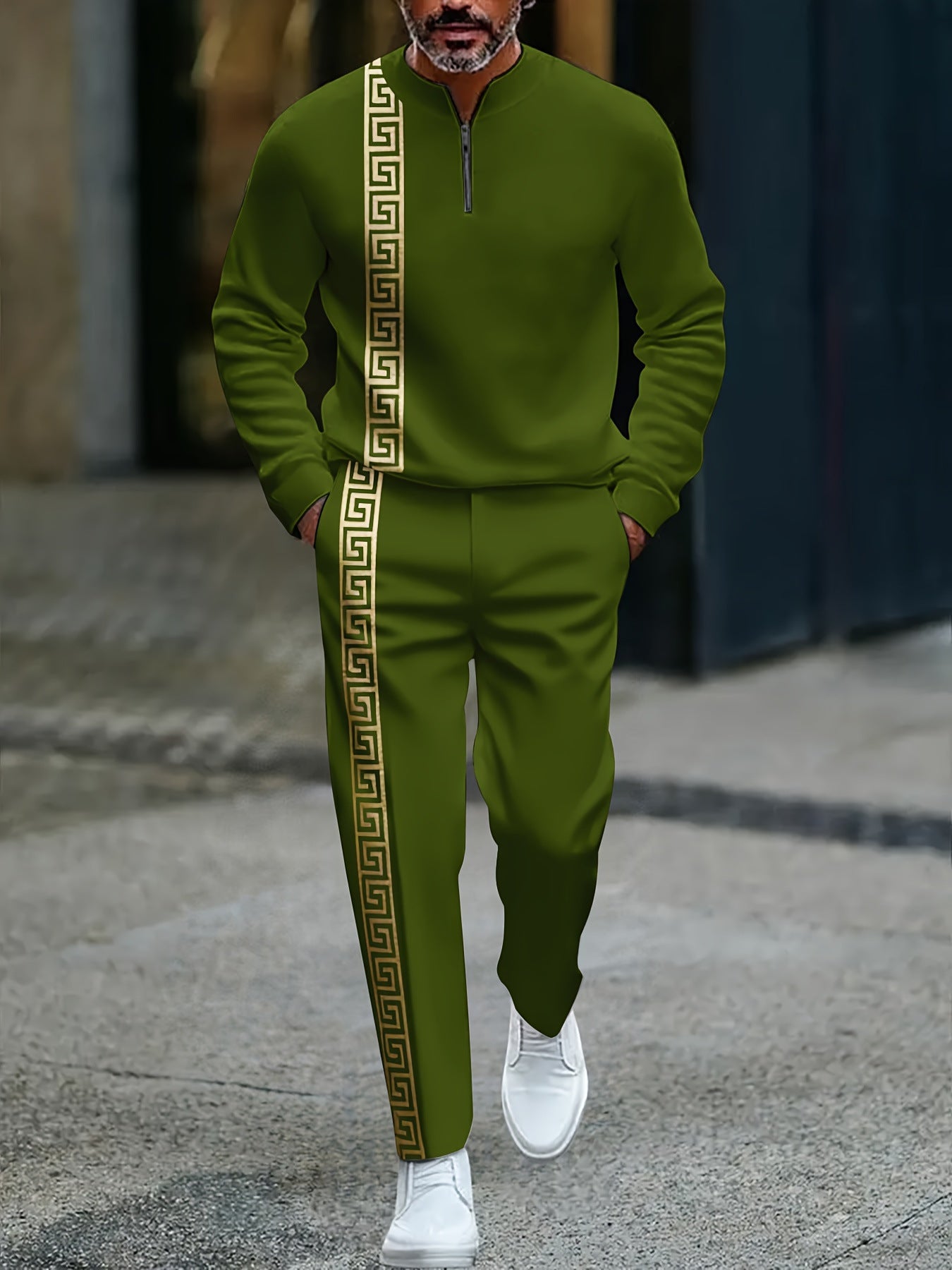 KZZ Men's fashion casual zipper stand up collar long sleeved pants set