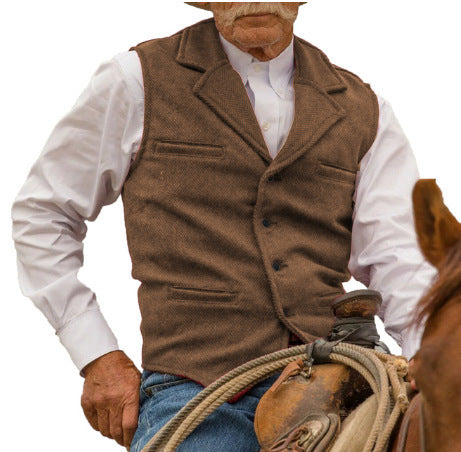 Men's Tweed Cowboy Vests Retro Elderly Aged Adult Men's Vintage Western Casual Business Vests