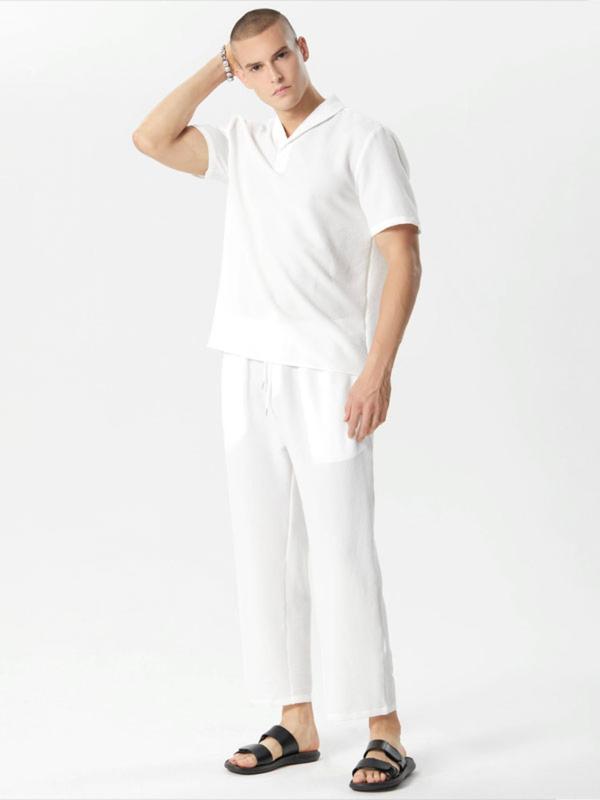 KZZ Summer Men's Textured Shirt and Tie Waist Suit Casual Suit