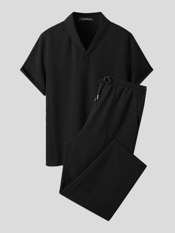 KZZ Summer Men's Textured Shirt and Tie Waist Suit Casual Suit