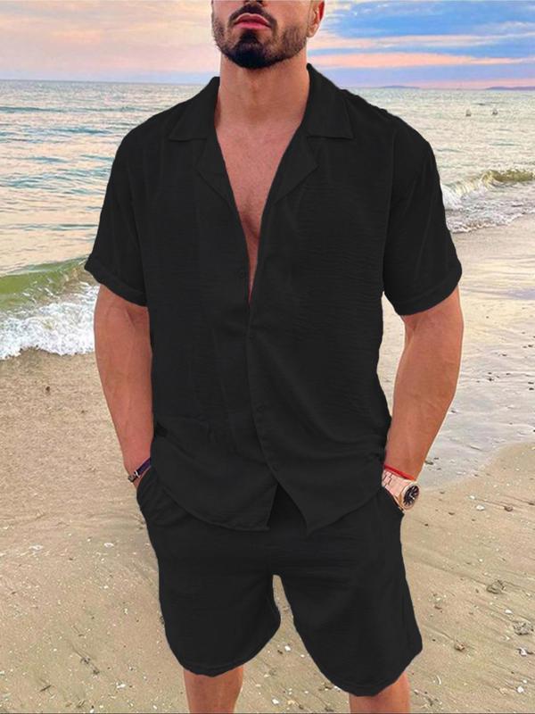 Men's Solid Color Shirt and Elastic Waist Shorts Set