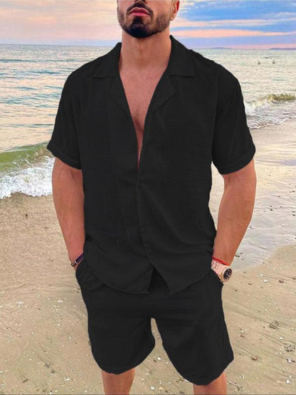 Men's Solid Color Shirt and Elastic Waist Shorts Set