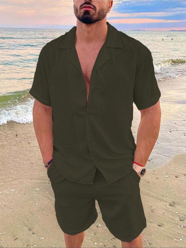 Men's Solid Color Shirt and Elastic Waist Shorts Set