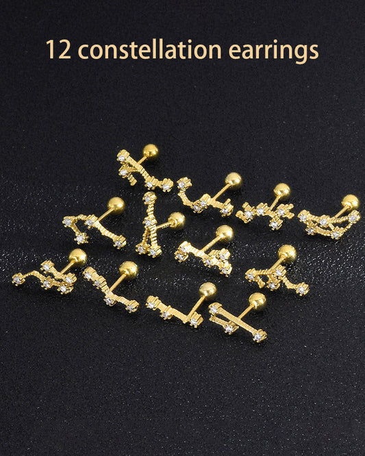 12 Constellations Gold Diamond Stud Earrings