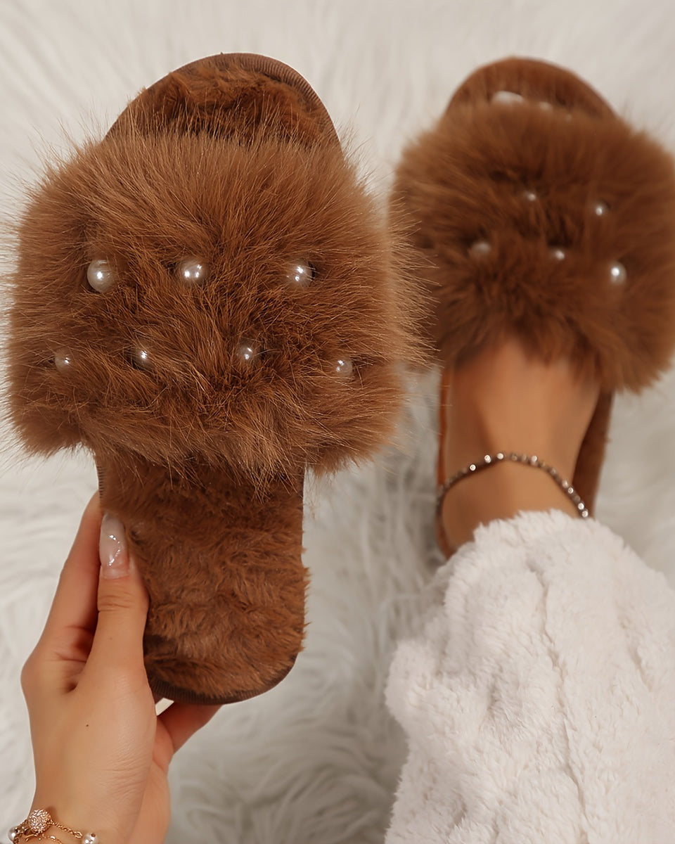Cozy Pearl Long Plush Fuzzy Flat Slippers