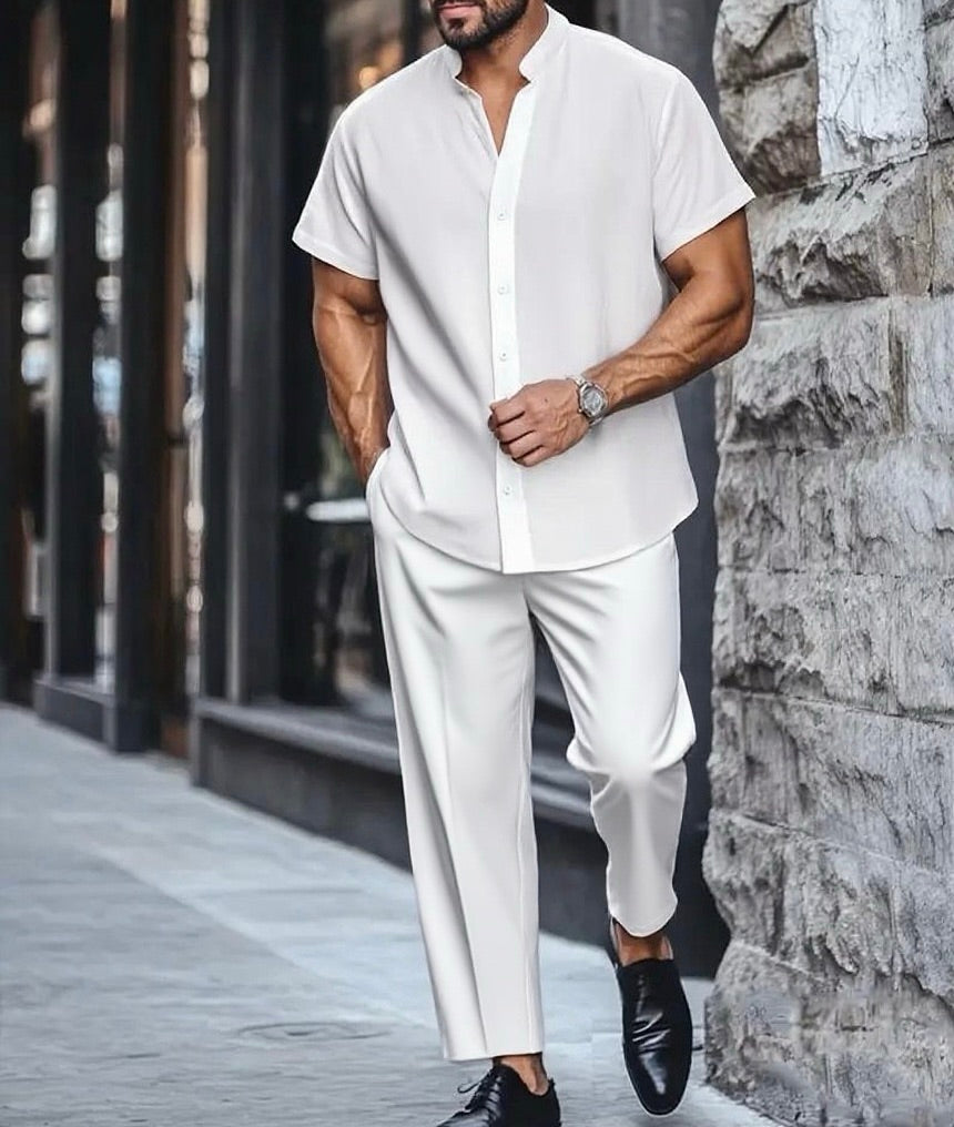 KZZ Men's Plain Short Sleeve and Elastic Waist Long Pants Set