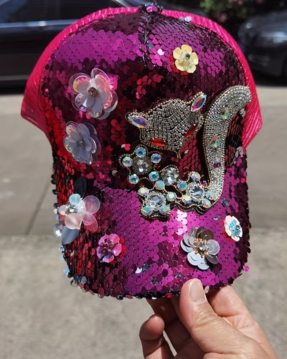 High-Quality Rhinestone & Sequin-Embellished Fox Accent Baseball Cap