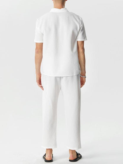 KZZ Summer Men's Textured Shirt and Tie Waist Suit Casual Suit