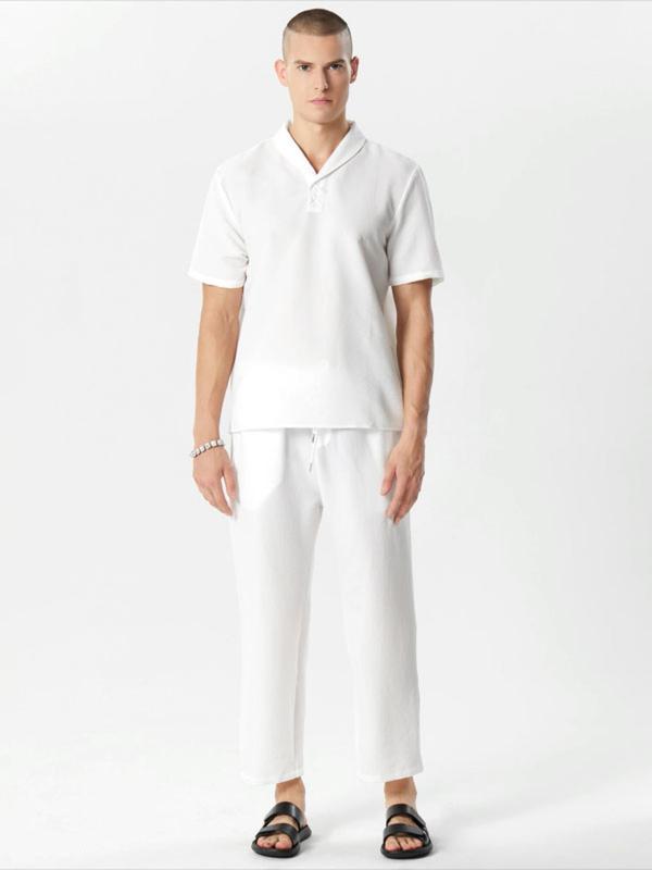 KZZ Summer Men's Textured Shirt and Tie Waist Suit Casual Suit