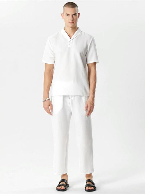 KZZ Summer Men's Textured Shirt and Tie Waist Suit Casual Suit