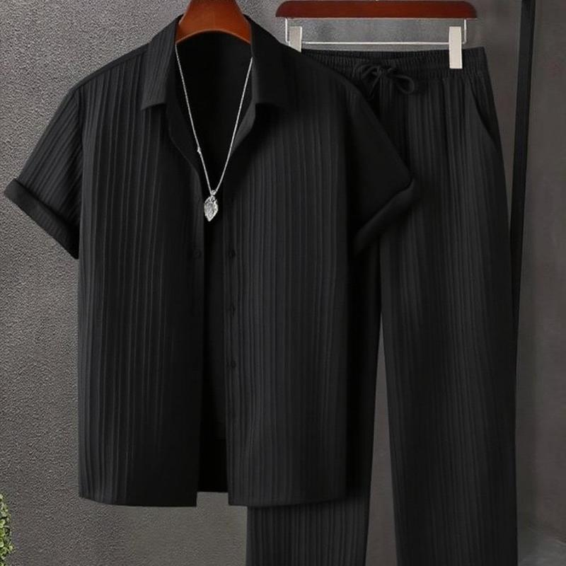 GGT Men's Two-piece Suit Shirt and Elastic Waist Pants Set