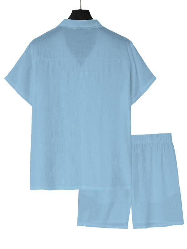 Men's Solid Color Shirt and Elastic Waist Shorts Set