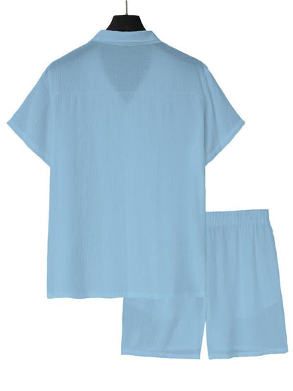Men's Solid Color Shirt and Elastic Waist Shorts Set