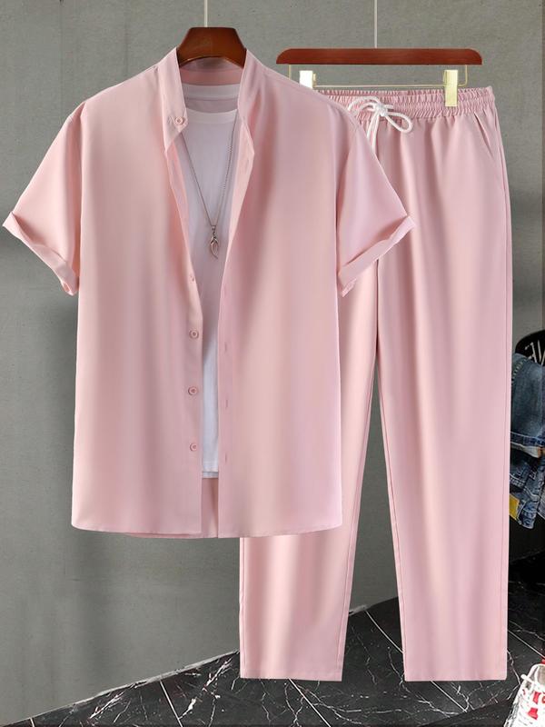 KZZ Men's Plain Short Sleeve and Elastic Waist Long Pants Set