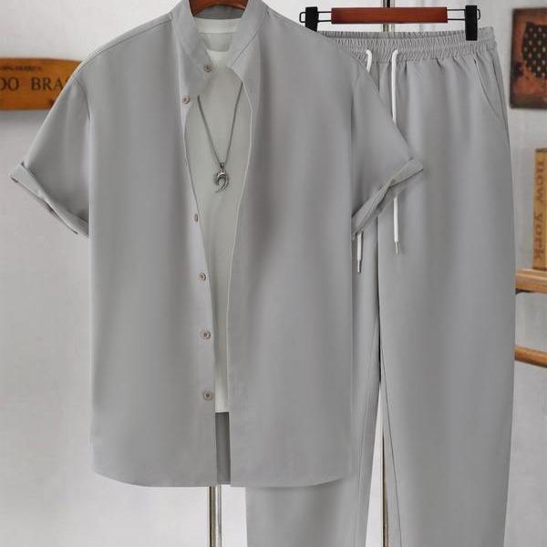 GGT Men's Two-piece Suit Shirt and Elastic Waist Pants Set