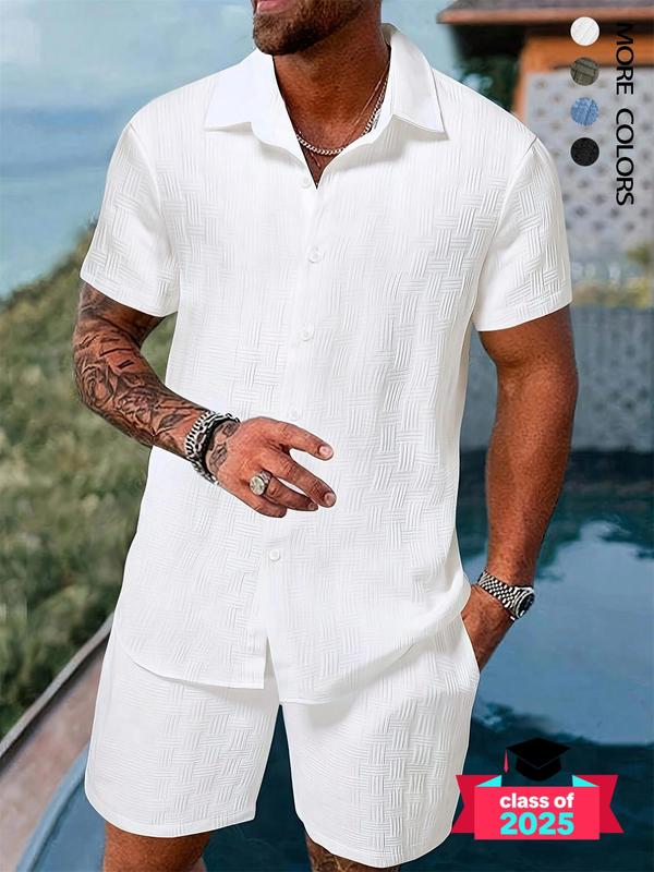 Men's Pure Color Textured Short Sleeve and Shorts Summer Suit