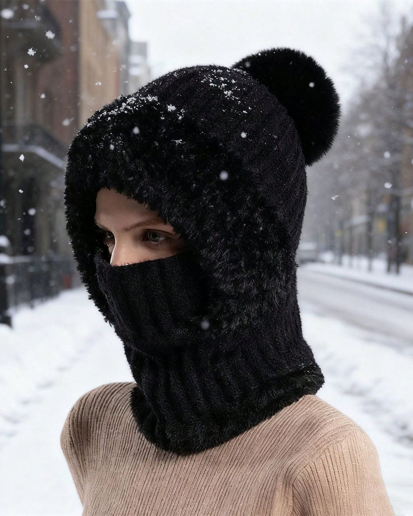 Knitted Fleece-lined Warm Scarf Mask Hat