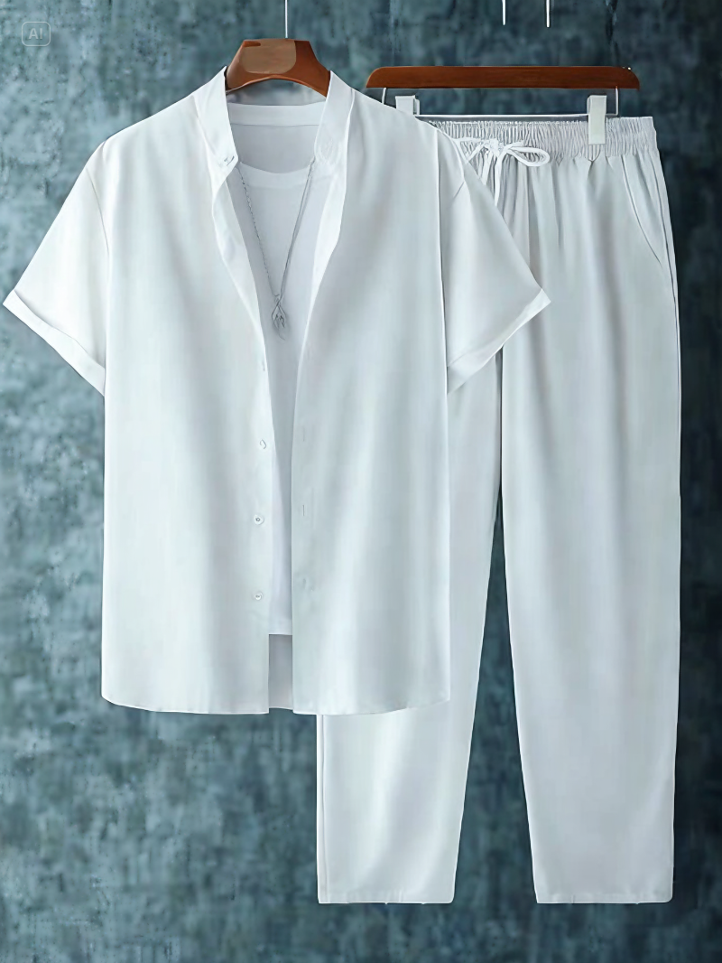 KZZ Men's Plain Short Sleeve and Elastic Waist Long Pants Set