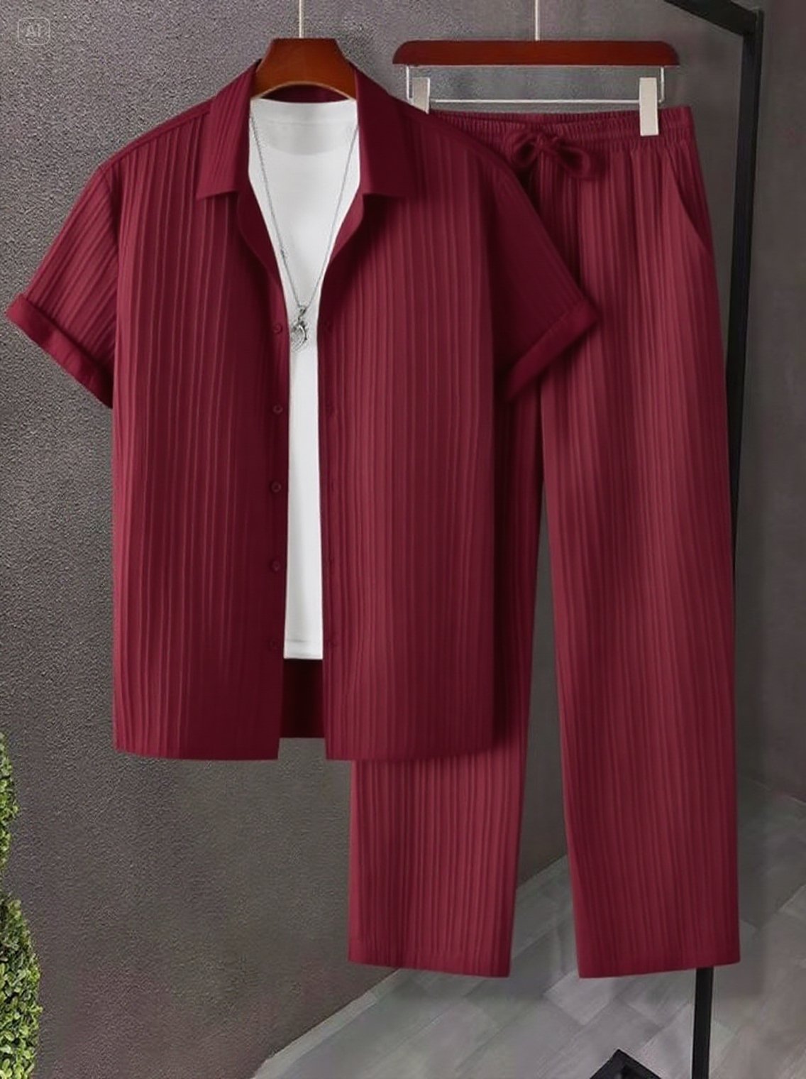 KZZ Men's Two-piece Suit Shirt and Elastic Waist Pants Set